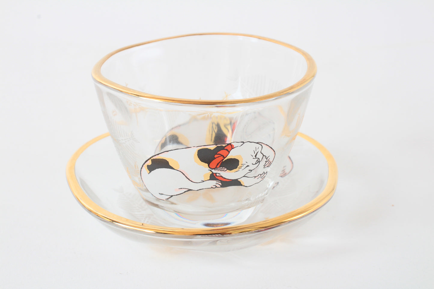 Japanese Sake Glass & Saucer Set Edo Neko Japanese Ukiyo-e Cat Printed Gold Edge with Wooden Box made in Japan
