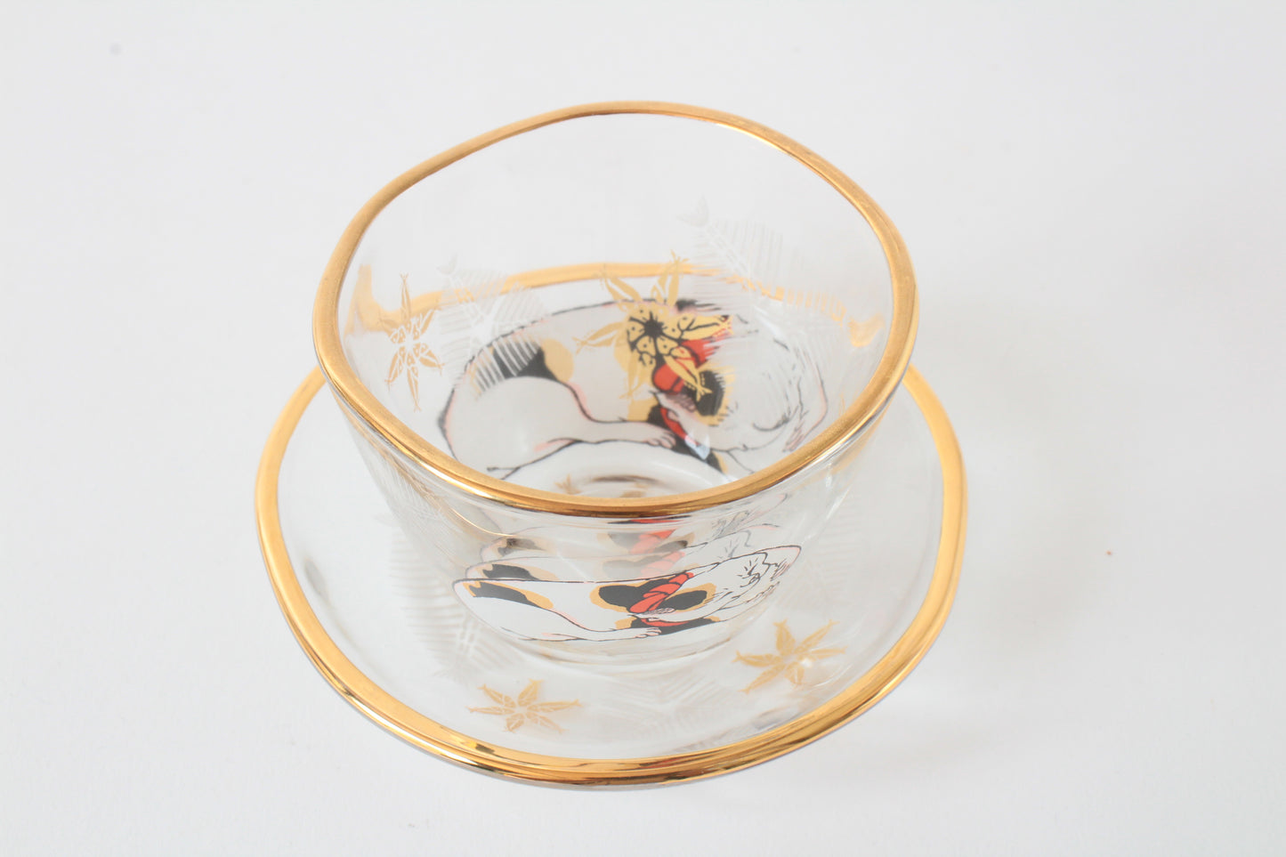 Japanese Sake Glass & Saucer Set Edo Neko Japanese Ukiyo-e Cat Printed Gold Edge with Wooden Box made in Japan