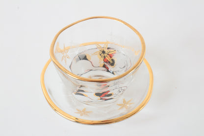 Japanese Sake Glass & Saucer Set Edo Neko Japanese Ukiyo-e Cat Printed Gold Edge with Wooden Box made in Japan