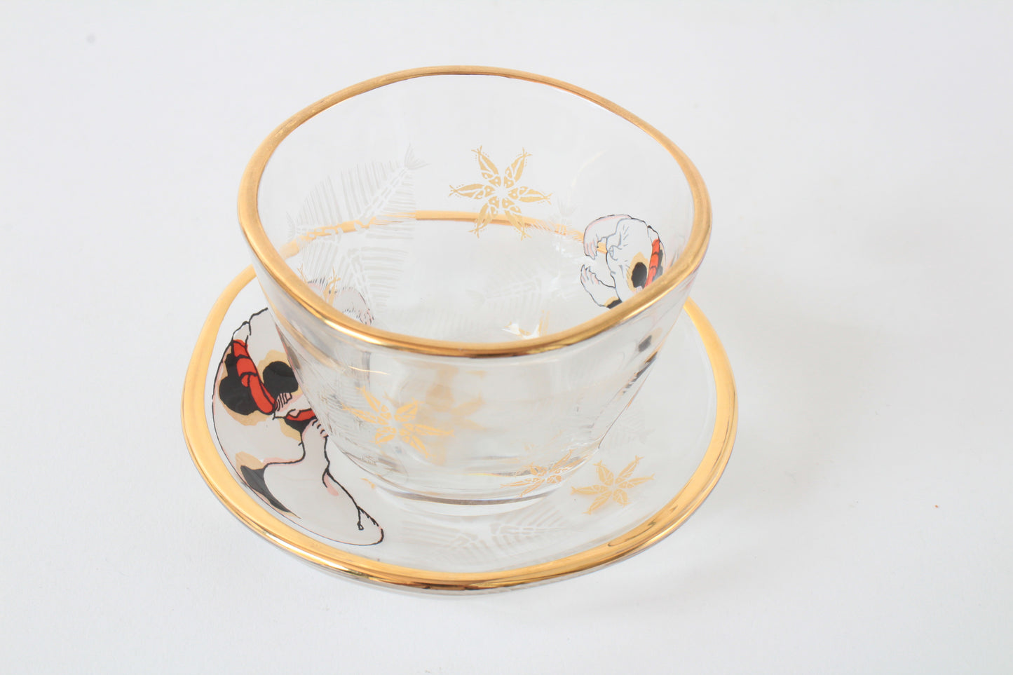Japanese Sake Glass & Saucer Set Edo Neko Japanese Ukiyo-e Cat Printed Gold Edge with Wooden Box made in Japan