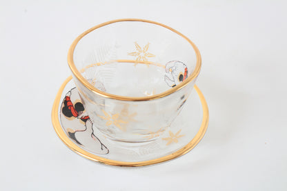 Japanese Sake Glass & Saucer Set Edo Neko Japanese Ukiyo-e Cat Printed Gold Edge with Wooden Box made in Japan