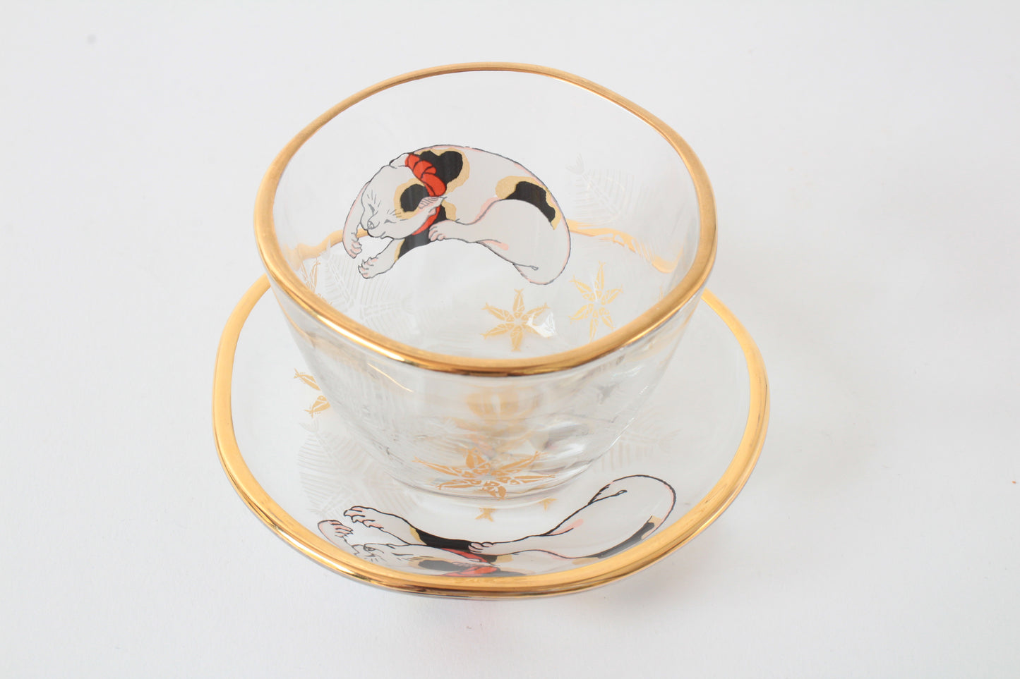 Japanese Sake Glass & Saucer Set Edo Neko Japanese Ukiyo-e Cat Printed Gold Edge with Wooden Box made in Japan