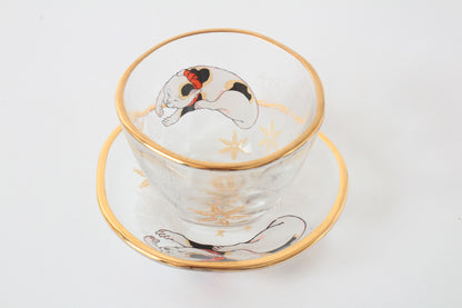 Japanese Sake Glass & Saucer Set Edo Neko Japanese Ukiyo-e Cat Printed Gold Edge with Wooden Box made in Japan