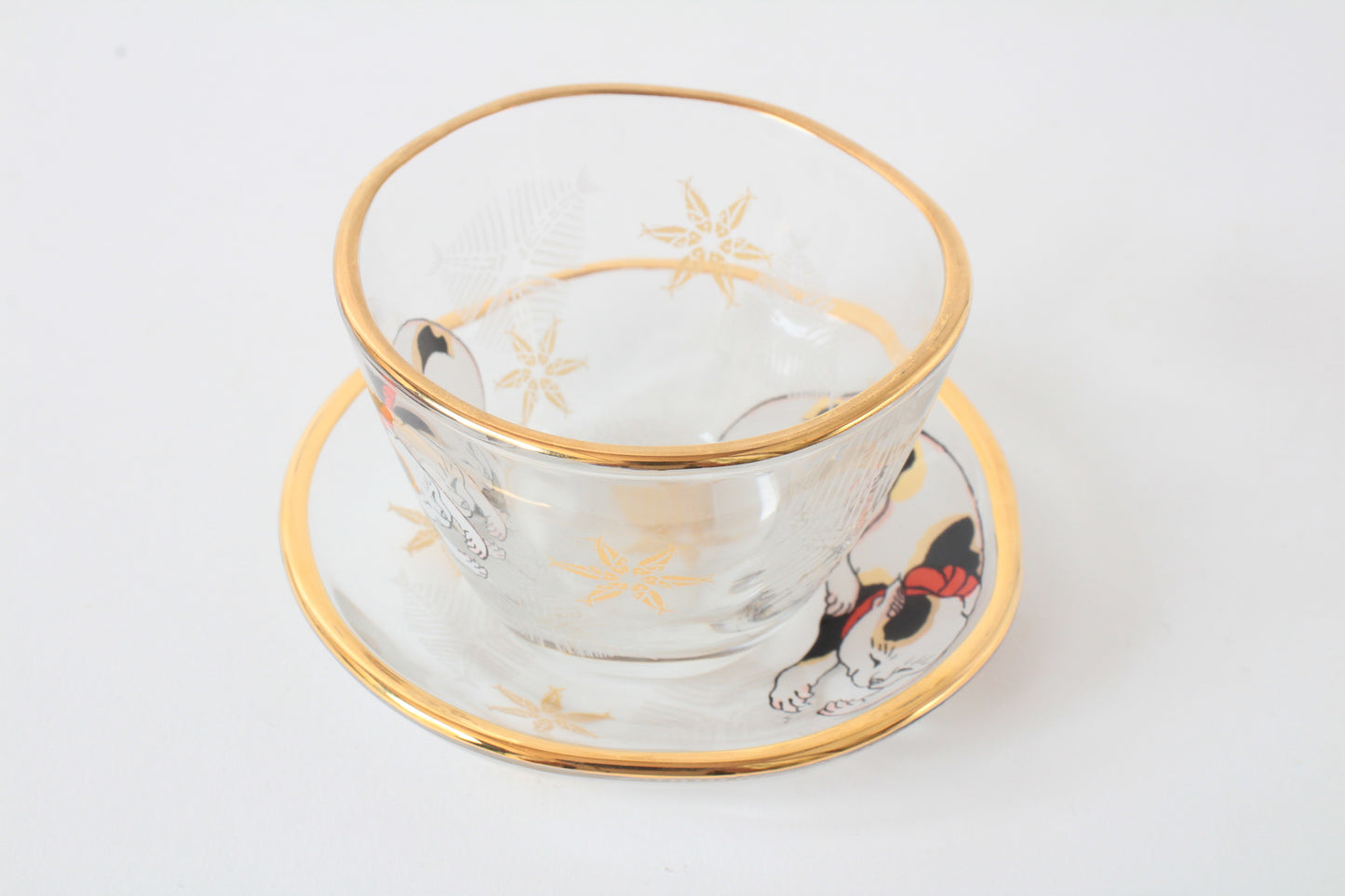 Japanese Sake Glass & Saucer Set Edo Neko Japanese Ukiyo-e Cat Printed Gold Edge with Wooden Box made in Japan