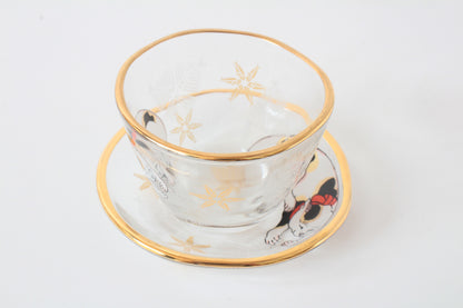 Japanese Sake Glass & Saucer Set Edo Neko Japanese Ukiyo-e Cat Printed Gold Edge with Wooden Box made in Japan