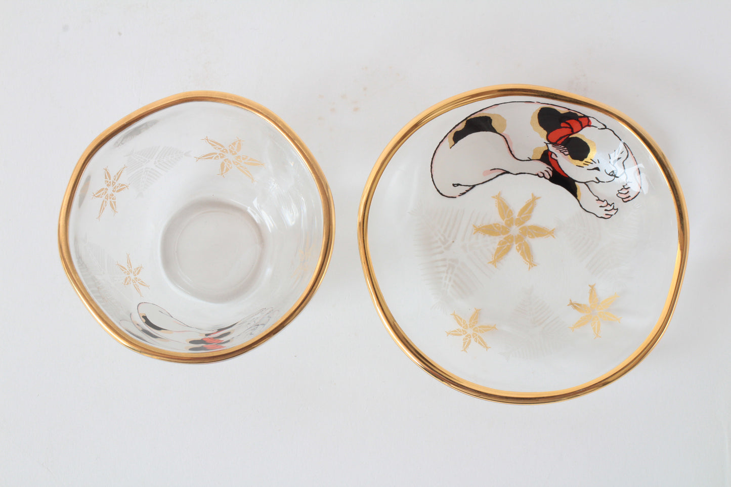 Japanese Sake Glass & Saucer Set Edo Neko Japanese Ukiyo-e Cat Printed Gold Edge with Wooden Box made in Japan