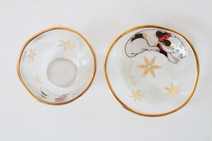 Japanese Sake Glass & Saucer Set Edo Neko Japanese Ukiyo-e Cat Printed Gold Edge with Wooden Box made in Japan