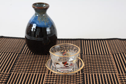 Japanese Sake Glass & Saucer Set Edo Neko Japanese Ukiyo-e Cat Printed Gold Edge with Wooden Box made in Japan
