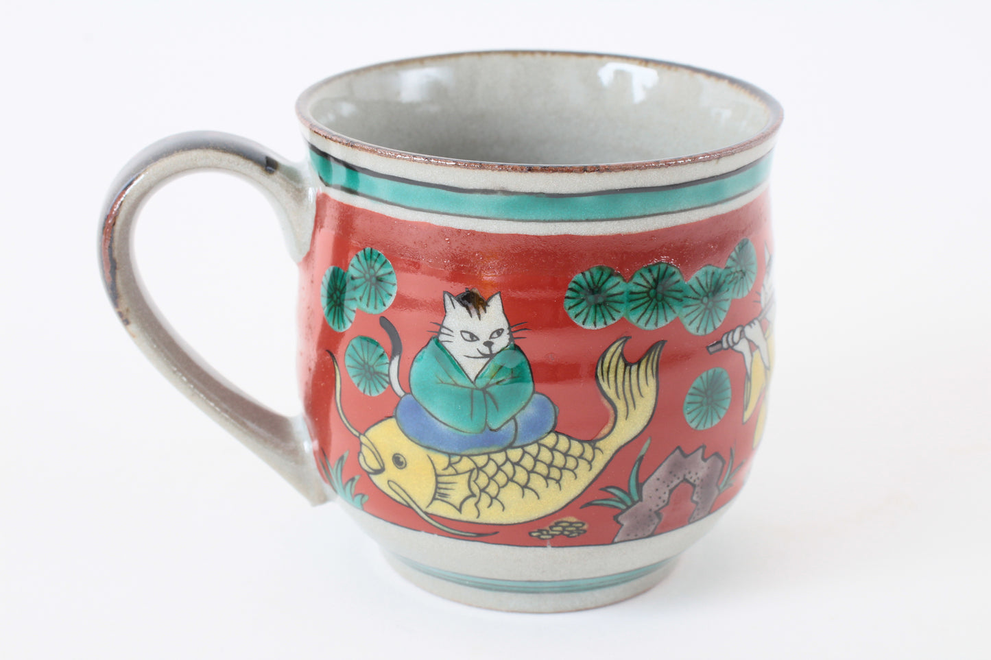 Kutani ware Japanese Pottery Mug Cup Cats in Japanese Clothes Burgundy Red made in Japan
