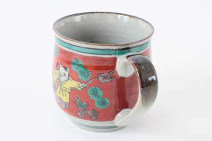 Kutani ware Japanese Pottery Mug Cup Cats in Japanese Clothes Burgundy Red made in Japan