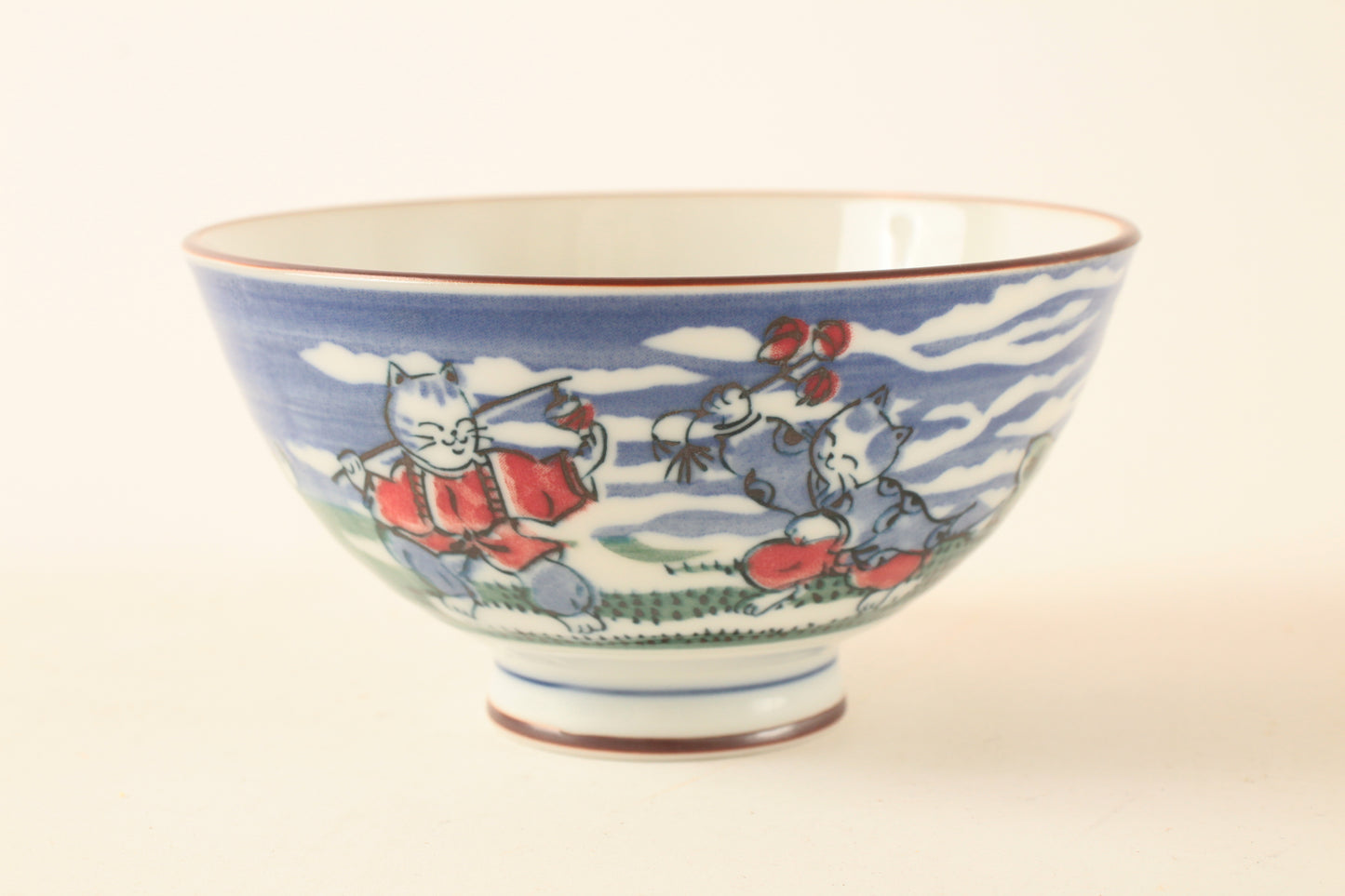 Mino ware Japanese Ceramics Rice Bowl Red Mt. Fuji w/ Dancing Cat made in Japan