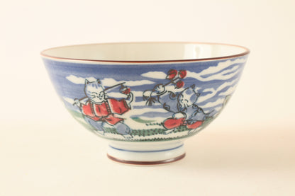 Mino ware Japanese Ceramics Rice Bowl Red Mt. Fuji w/ Dancing Cat made in Japan