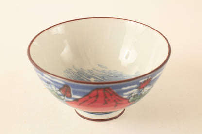 Mino ware Japanese Ceramics Rice Bowl Red Mt. Fuji w/ Dancing Cat made in Japan