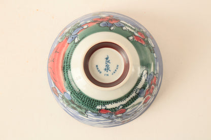 Mino ware Japanese Ceramics Rice Bowl Red Mt. Fuji w/ Dancing Cat made in Japan