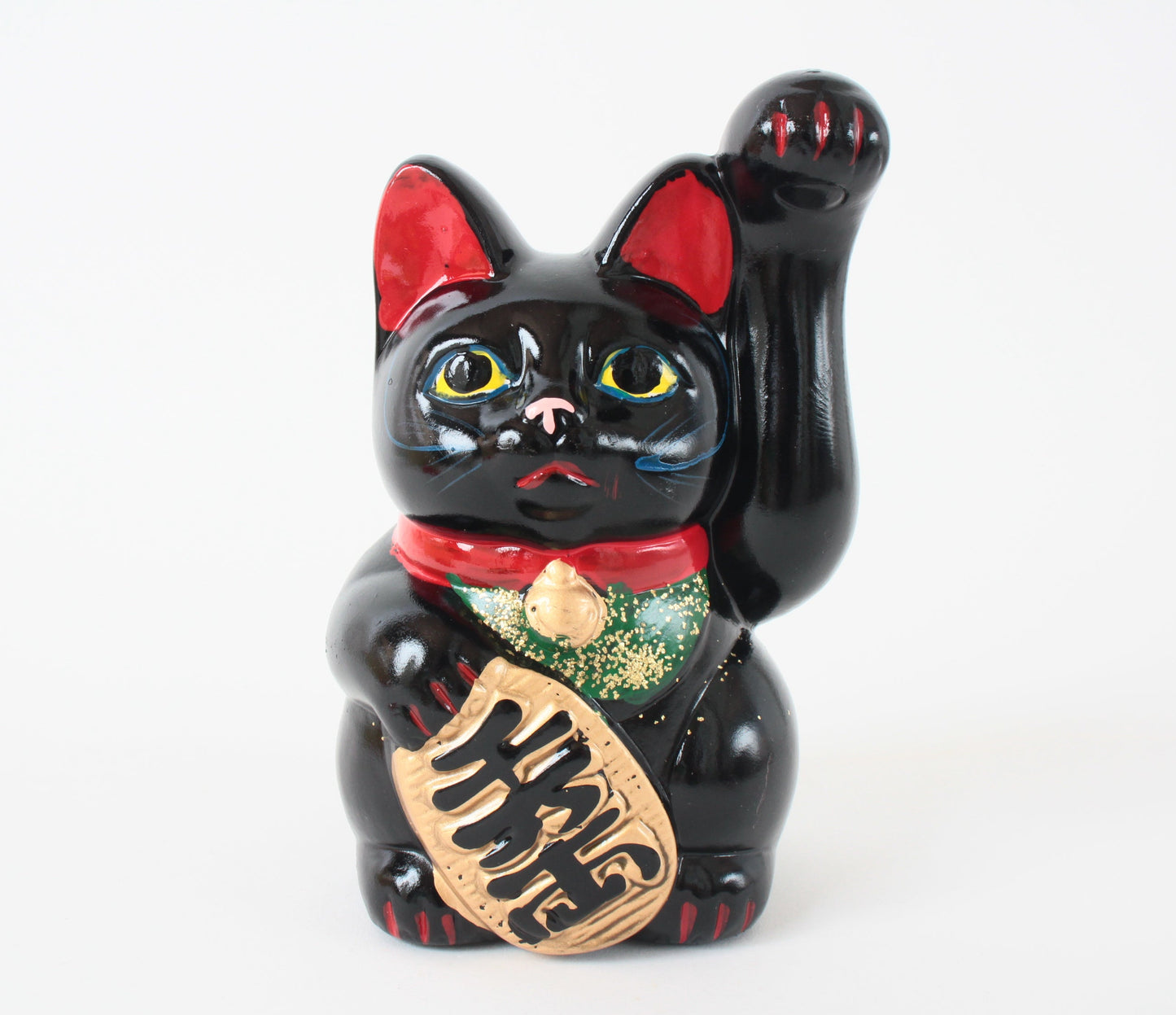 Seto ware Ceramics Manekineko Statue Coin Bank Beckoning Cat Black Cat with Left Paw Raised Long Arm Gold Koban Coin 5.3in made in Japan