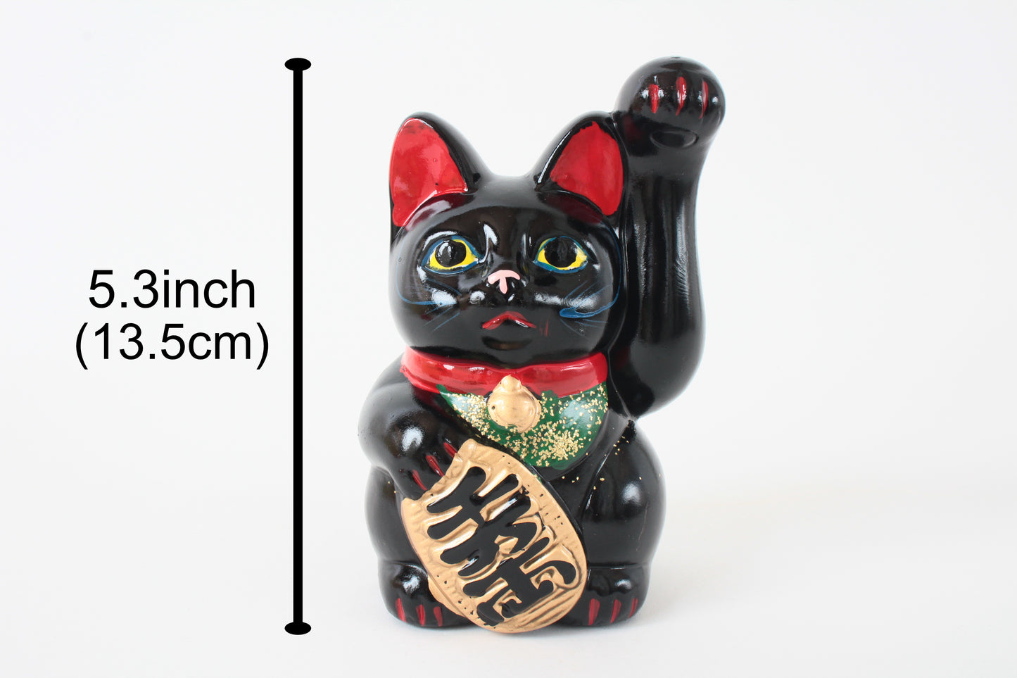 Seto ware Ceramics Manekineko Statue Coin Bank Beckoning Cat Black Cat with Left Paw Raised Long Arm Gold Koban Coin 5.3in made in Japan
