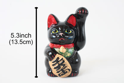 Seto ware Ceramics Manekineko Statue Coin Bank Beckoning Cat Black Cat with Left Paw Raised Long Arm Gold Koban Coin 5.3in made in Japan