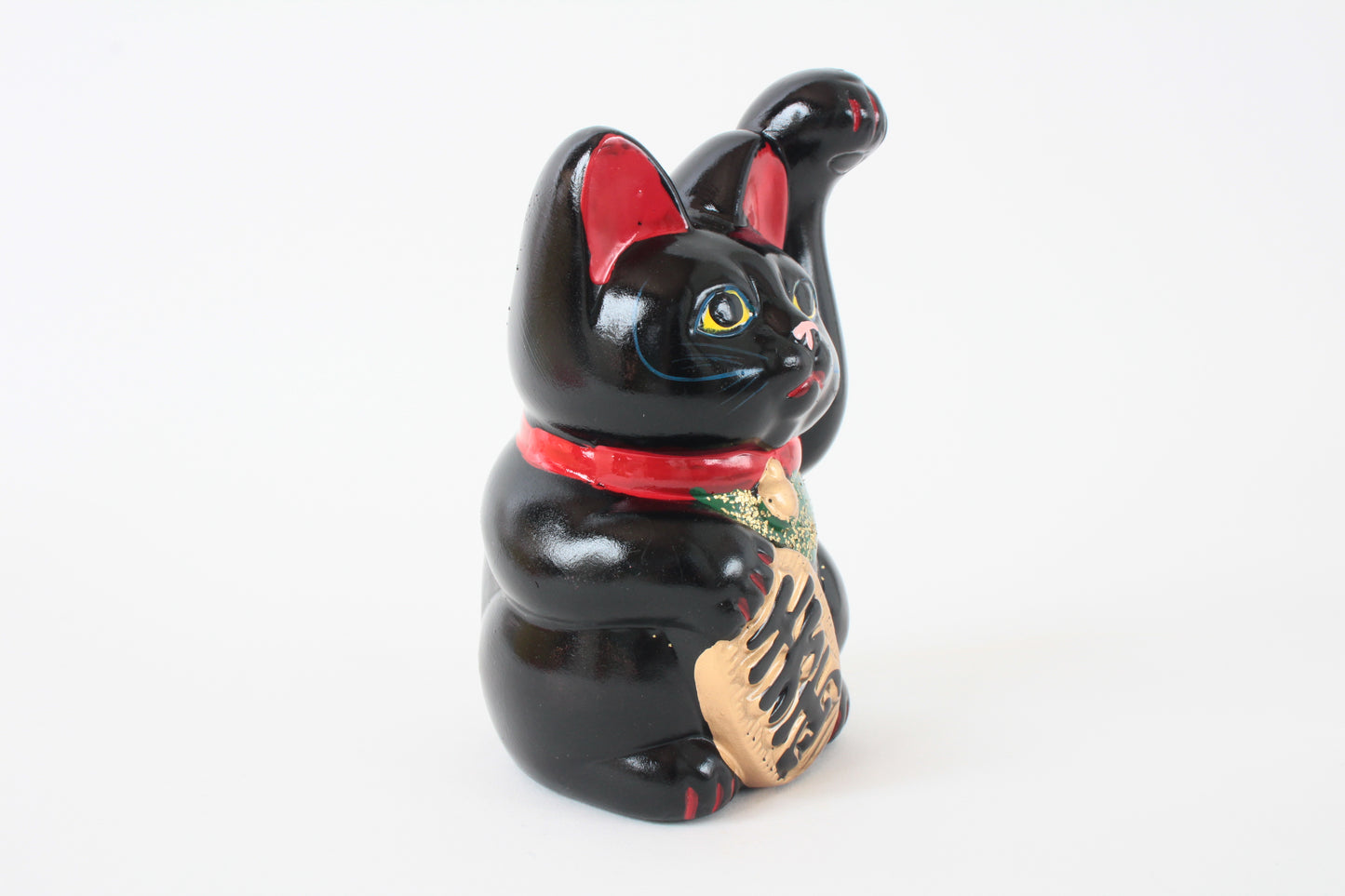 Seto ware Ceramics Manekineko Statue Coin Bank Beckoning Cat Black Cat with Left Paw Raised Long Arm Gold Koban Coin 5.3in made in Japan