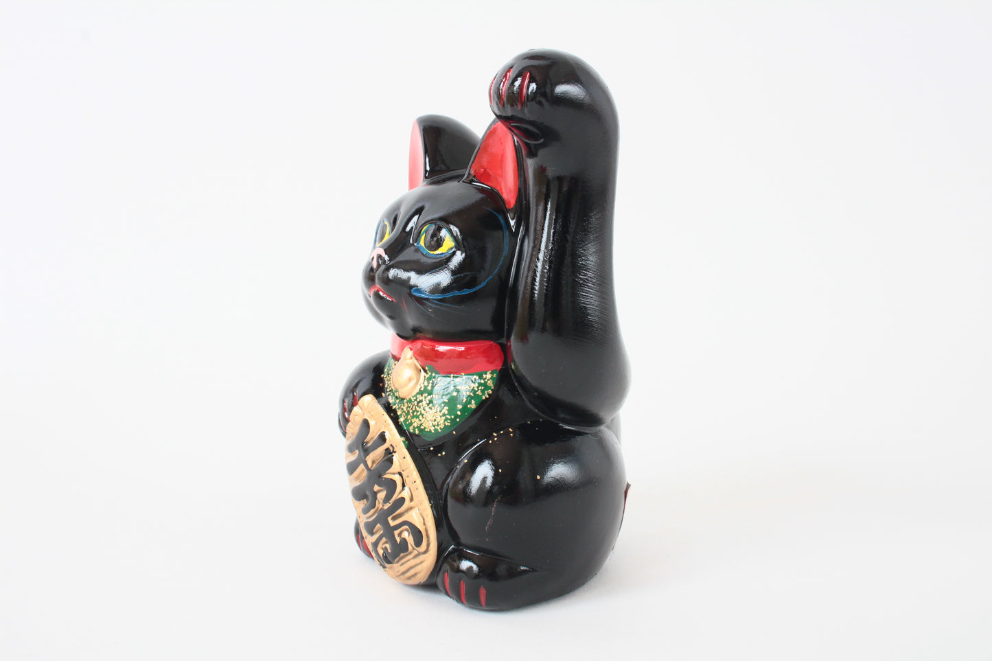Seto ware Ceramics Manekineko Statue Coin Bank Beckoning Cat Black Cat with Left Paw Raised Long Arm Gold Koban Coin 5.3in made in Japan