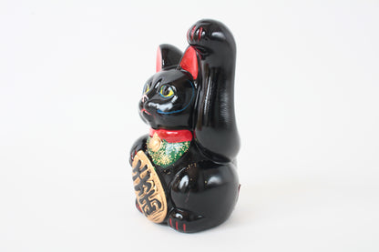 Seto ware Ceramics Manekineko Statue Coin Bank Beckoning Cat Black Cat with Left Paw Raised Long Arm Gold Koban Coin 5.3in made in Japan