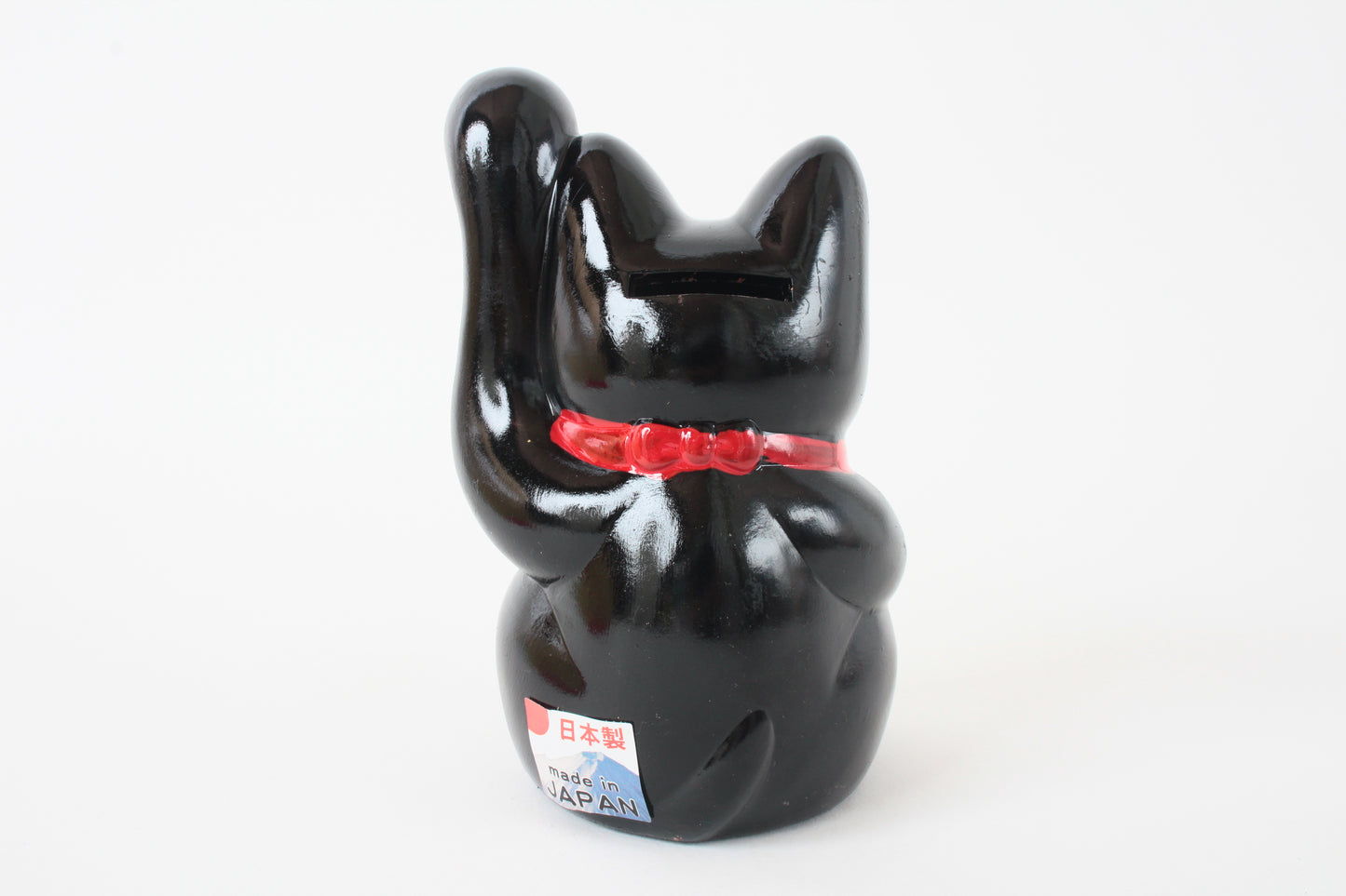 Seto ware Ceramics Manekineko Statue Coin Bank Beckoning Cat Black Cat with Left Paw Raised Long Arm Gold Koban Coin 5.3in made in Japan