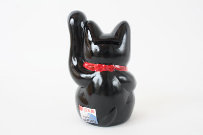 Seto ware Ceramics Manekineko Statue Coin Bank Beckoning Cat Black Cat with Left Paw Raised Long Arm Gold Koban Coin 5.3in made in Japan