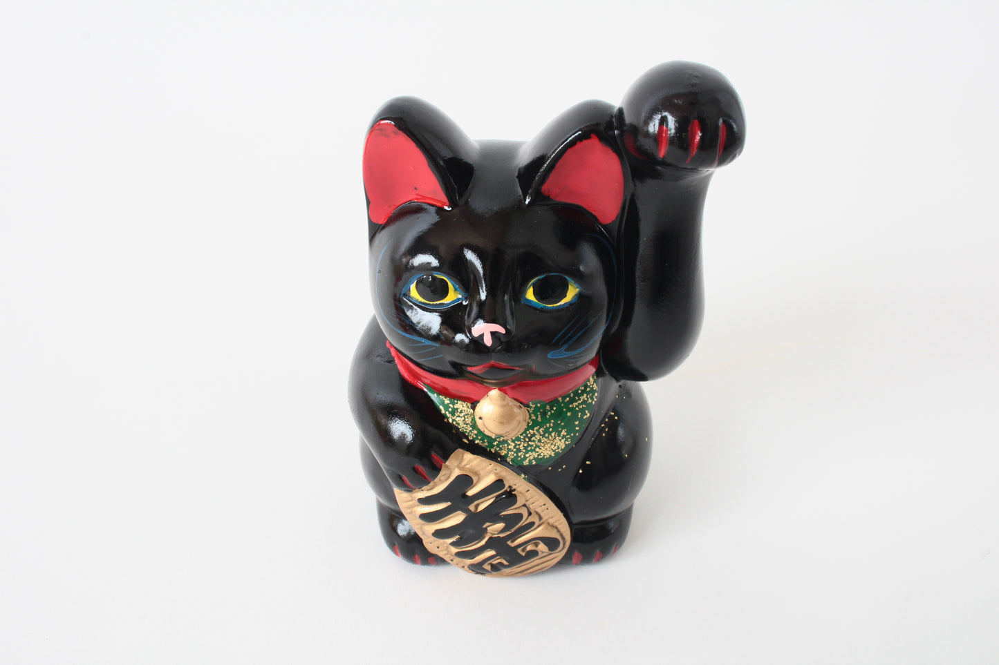 Seto ware Ceramics Manekineko Statue Coin Bank Beckoning Cat Black Cat with Left Paw Raised Long Arm Gold Koban Coin 5.3in made in Japan