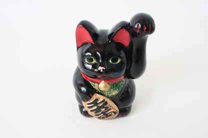 Seto ware Ceramics Manekineko Statue Coin Bank Beckoning Cat Black Cat with Left Paw Raised Long Arm Gold Koban Coin 5.3in made in Japan