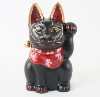 Seto ware Ceramics Manekineko Statue Beckoning Cat Black Cat with left paw raised Ancient Mikawa Style 6.5in made in Japan