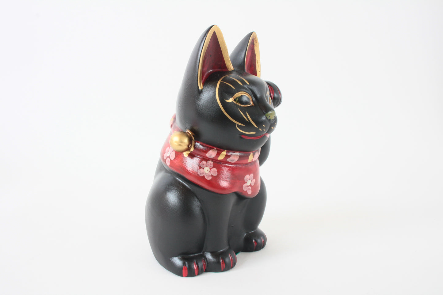 Seto ware Ceramics Manekineko Statue Beckoning Cat Black Cat with left paw raised Ancient Mikawa Style 6.5in made in Japan