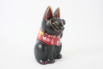Seto ware Ceramics Manekineko Statue Beckoning Cat Black Cat with left paw raised Ancient Mikawa Style 6.5in made in Japan