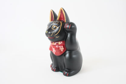 Seto ware Ceramics Manekineko Statue Beckoning Cat Black Cat with left paw raised Ancient Mikawa Style 6.5in made in Japan