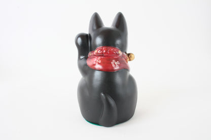 Seto ware Ceramics Manekineko Statue Beckoning Cat Black Cat with left paw raised Ancient Mikawa Style 6.5in made in Japan