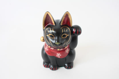 Seto ware Ceramics Manekineko Statue Beckoning Cat Black Cat with left paw raised Ancient Mikawa Style 6.5in made in Japan