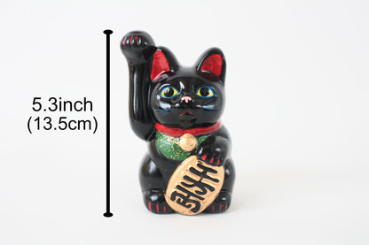 Seto ware Ceramics Manekineko Statue Coin Bank Beckoning Cat Black Cat with Right Paw Raised Long Arm Gold Koban Coin 5.3in made in Japan
