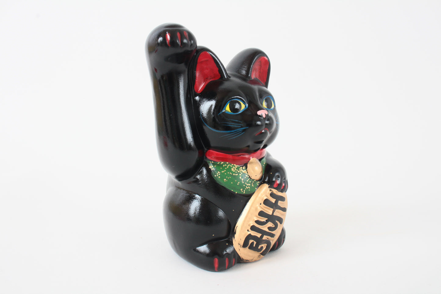 Seto ware Ceramics Manekineko Statue Coin Bank Beckoning Cat Black Cat with Right Paw Raised Long Arm Gold Koban Coin 5.3in made in Japan