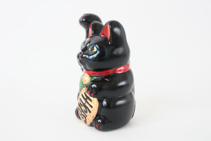Seto ware Ceramics Manekineko Statue Coin Bank Beckoning Cat Black Cat with Right Paw Raised Long Arm Gold Koban Coin 5.3in made in Japan
