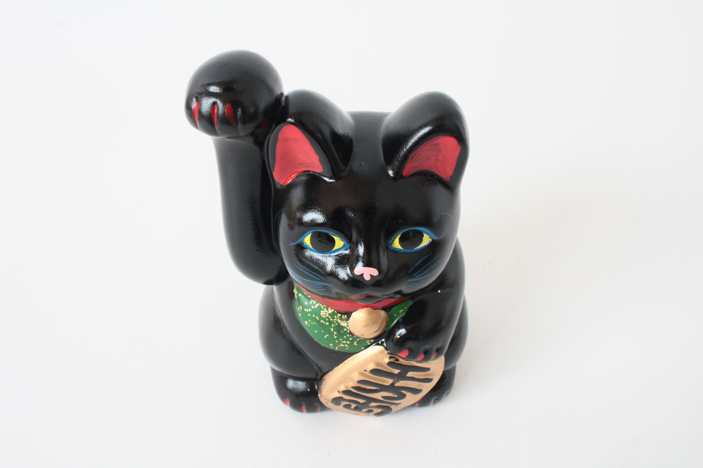 Seto ware Ceramics Manekineko Statue Coin Bank Beckoning Cat Black Cat with Right Paw Raised Long Arm Gold Koban Coin 5.3in made in Japan