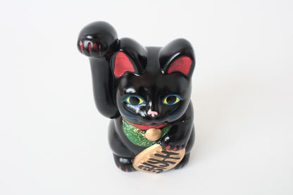Seto ware Ceramics Manekineko Statue Coin Bank Beckoning Cat Black Cat with Right Paw Raised Long Arm Gold Koban Coin 5.3in made in Japan