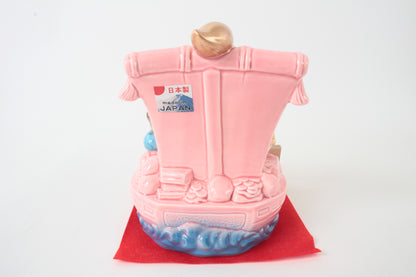 Seto ware Ceramics Seven Lucky Cats In the Treasure Ship Manekineko Statue Beckoning Cat Pink 6.5in made in Japan