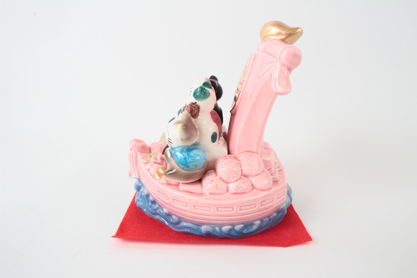 Seto ware Ceramics Seven Lucky Cats In the Treasure Ship Manekineko Statue Beckoning Cat Pink 6.5in made in Japan