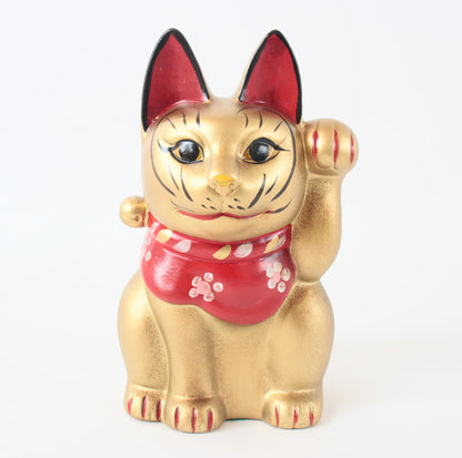 Seto ware Ceramics Manekineko Statue Beckoning Cat Gold Cat with left paw raised Ancient Mikawa Style 6.5in made in Japan