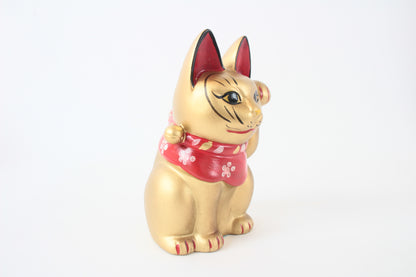 Seto ware Ceramics Manekineko Statue Beckoning Cat Gold Cat with left paw raised Ancient Mikawa Style 6.5in made in Japan