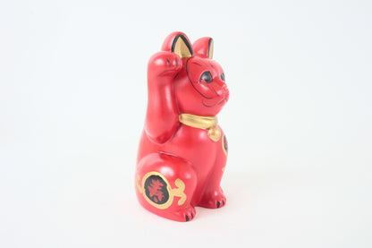 Seto ware Ceramics Manekineko Statue Beckoning Cat Red with right paw raised Kissho Style 5.9in made in Japan