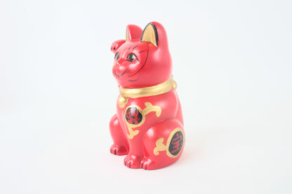 Seto ware Ceramics Manekineko Statue Beckoning Cat Red with right paw raised Kissho Style 5.9in made in Japan