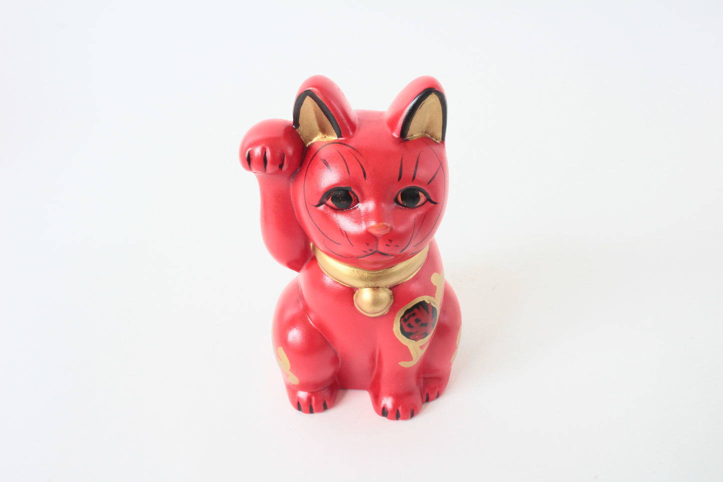 Seto ware Ceramics Manekineko Statue Beckoning Cat Red with right paw raised Kissho Style 5.9in made in Japan