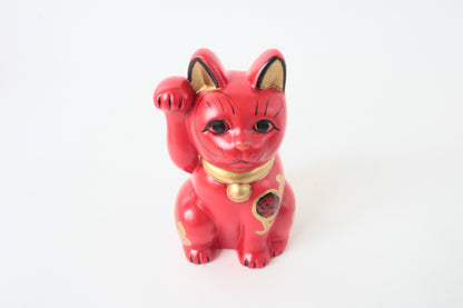 Seto ware Ceramics Manekineko Statue Beckoning Cat Red with right paw raised Kissho Style 5.9in made in Japan
