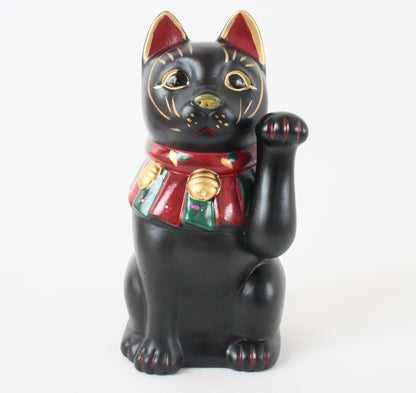Seto ware Ceramics Manekineko Statue Beckoning Cat Black Cat with left paw raised Ancient Taisho Style 7.7in made in Japan