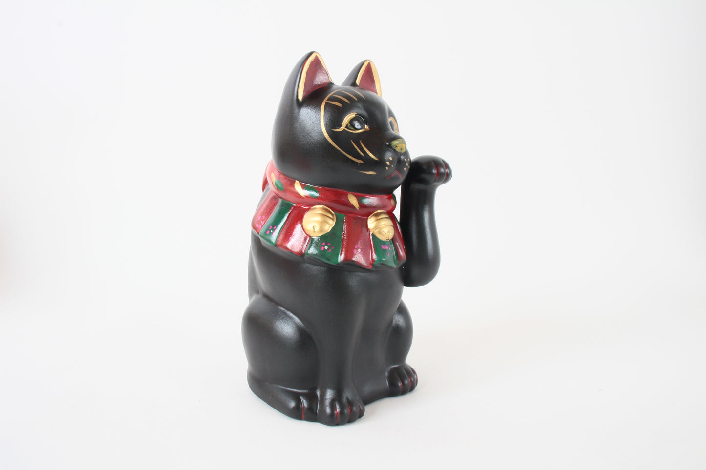 Seto ware Ceramics Manekineko Statue Beckoning Cat Black Cat with left paw raised Ancient Taisho Style 7.7in made in Japan