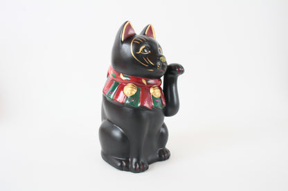 Seto ware Ceramics Manekineko Statue Beckoning Cat Black Cat with left paw raised Ancient Taisho Style 7.7in made in Japan